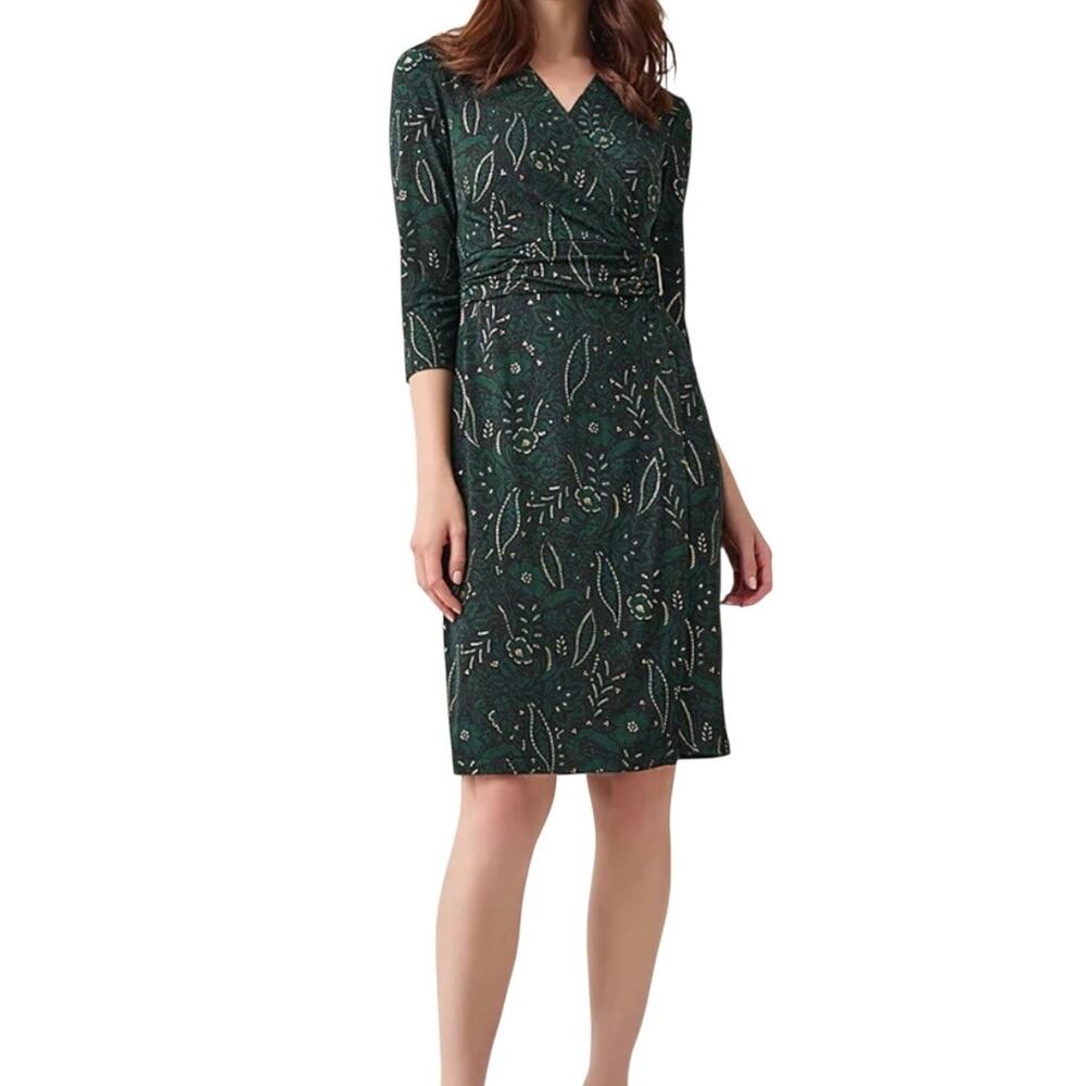 Kasper Women’s Printed Faux Wrap 3/4 Sleeve Sheath Dress Green Size PXL